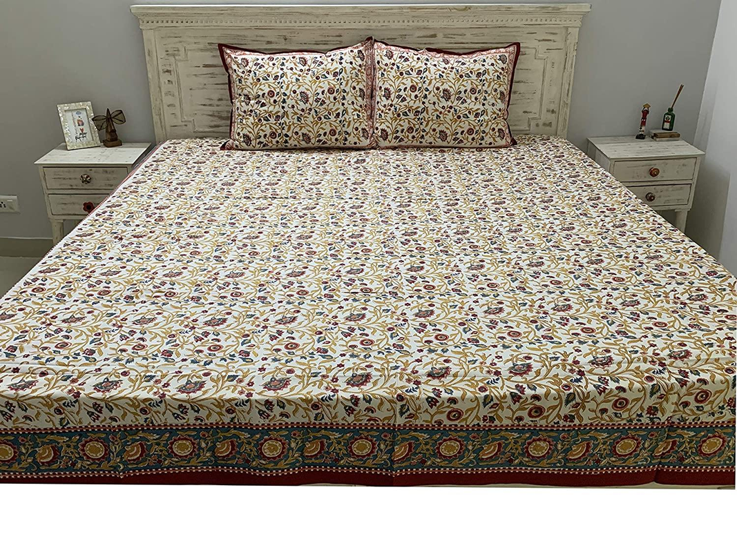 Firdaus Premium Cotton Block Print King Size Bedsheet + 2 Pillow Covers