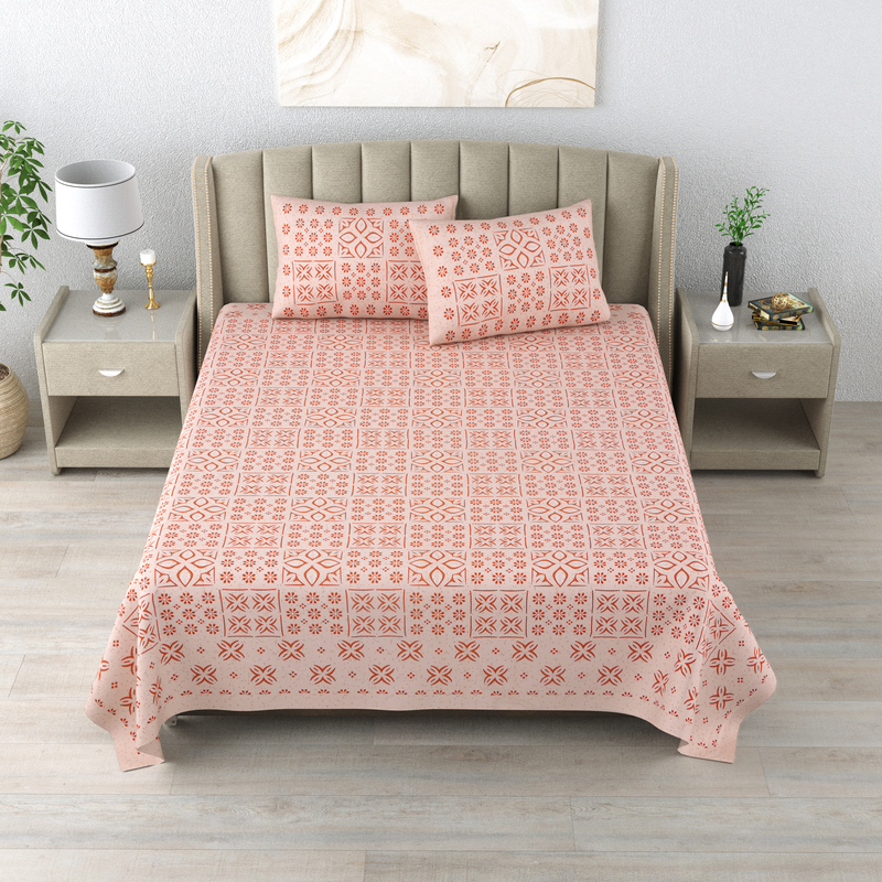 Premium 280 TC 100% Cotton King Size Bedsheet with 2 Pillow covers- 90 x 108 Inches - Patch Peach